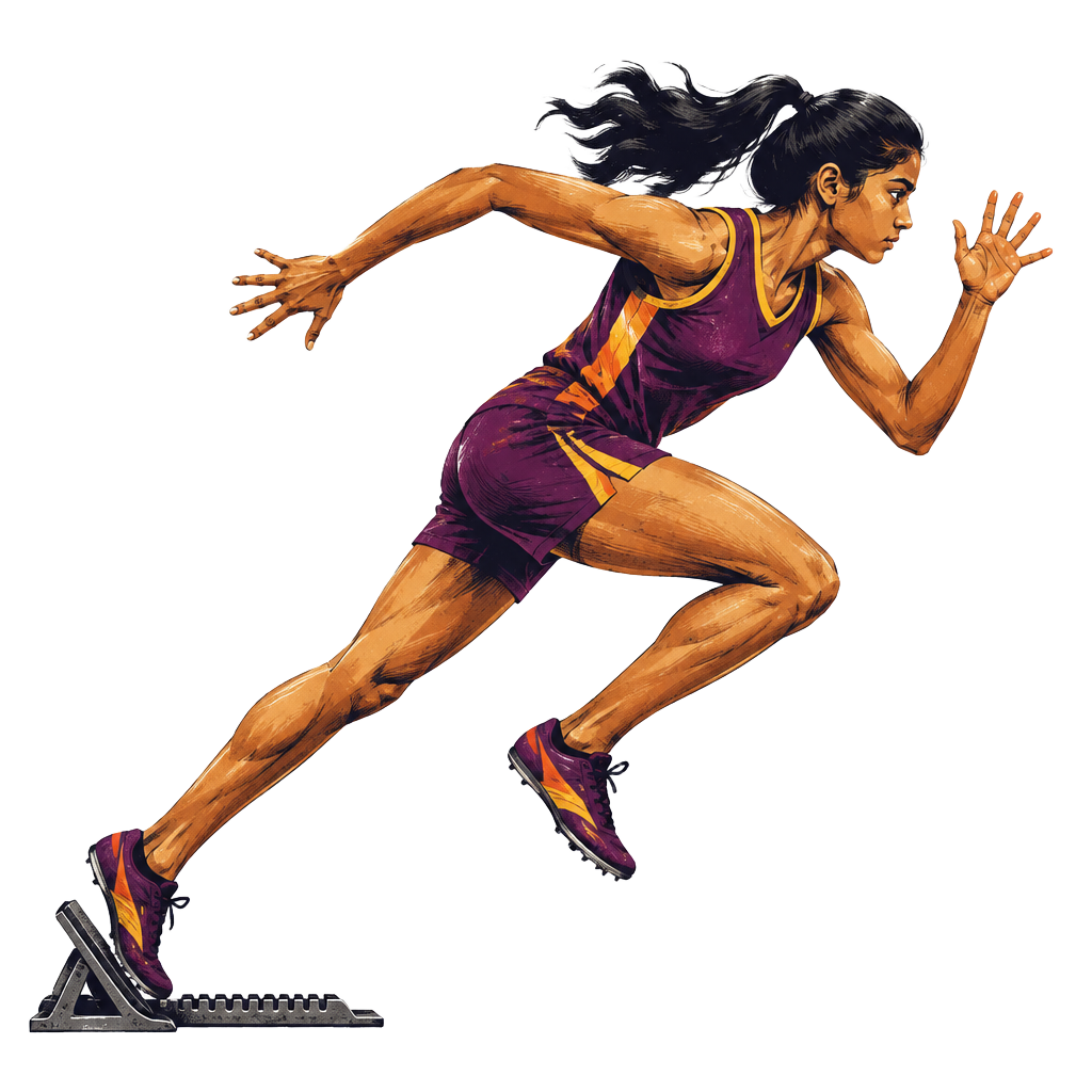 Illustrated young sprinter launching from starting blocks